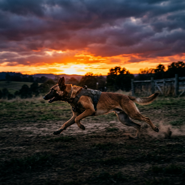 Belgian Malinois running in working dog training field